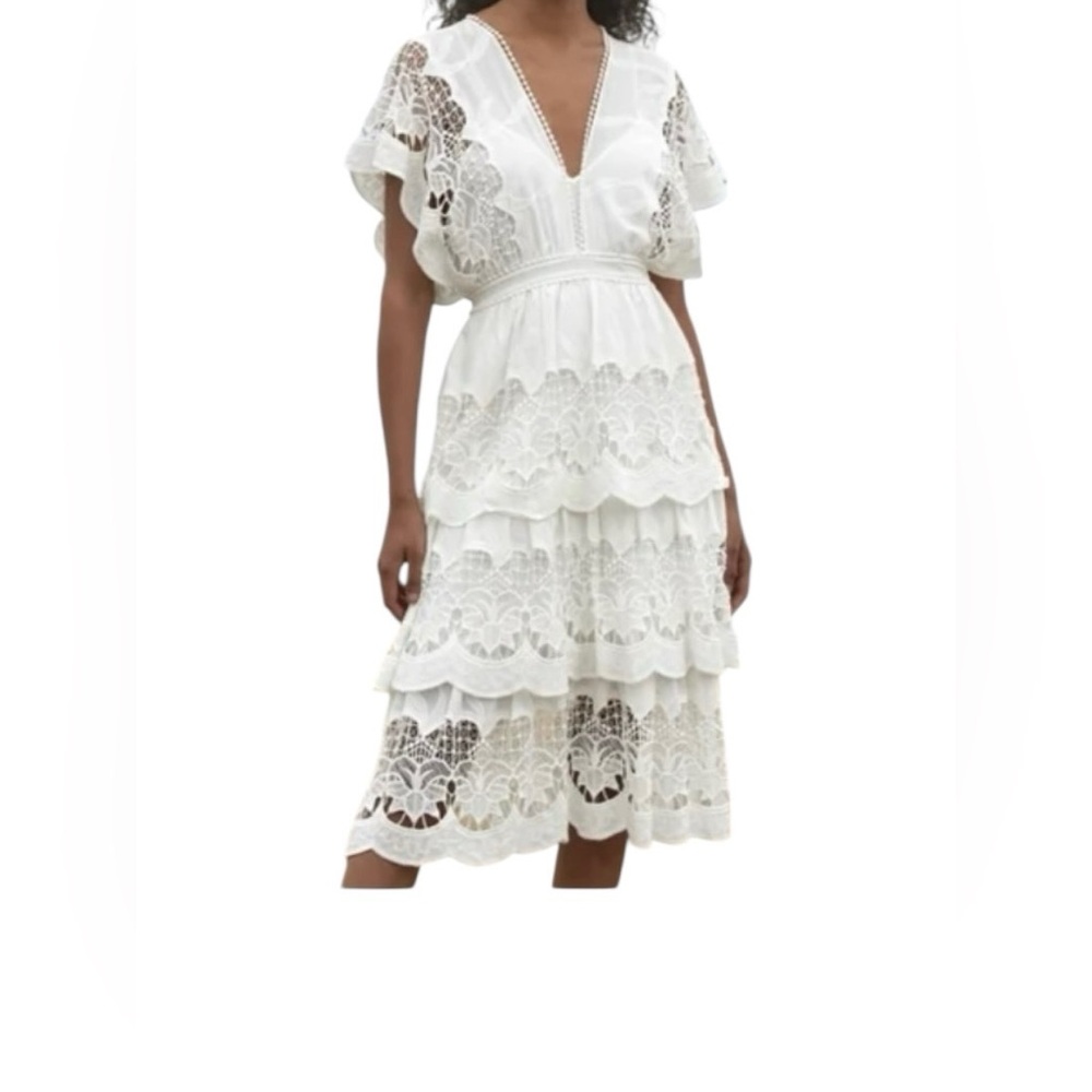 Farm Rio Richelieu Cotton Embroidered Lace Flutter Sleeve V-Neck Midi Dress